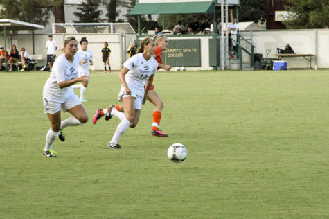 Sac State defenders, junior No. 12 Kassi Anast and sophomore No.8 Mckenna Swanson work together to defend the goal at Wednesdays game against Fresno Pacific.