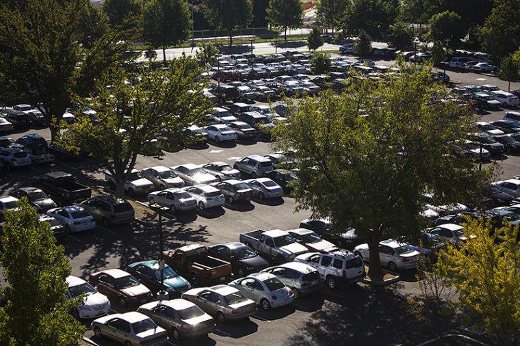 Hundreds of cars  fill up in Lot 8 Monday morning.