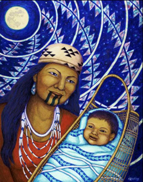 This painting, titled “Taat karu Yupsiitanach” (Mother and Baby), represents the sacredness of children.