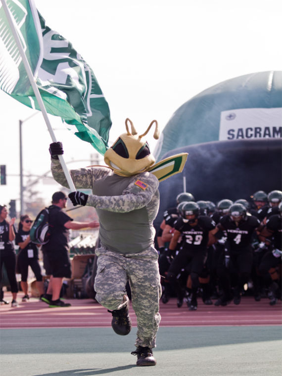 Sacramento State mascot Herky leads the Sacramento State Hornets to face off against the 3-2 Montana University Grizzlies on Saturday at Hornet Stadium.