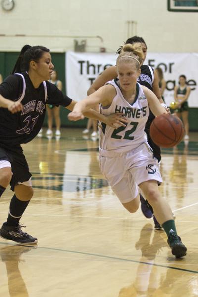 No. 22 Alle Moreno drives to the basket during a game inside The Nest. 