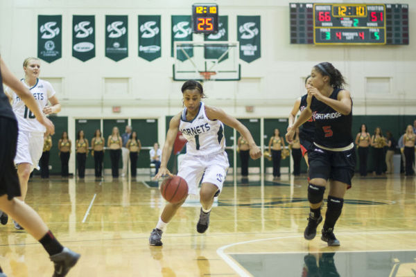 Junior point guard No. 1 Fantasia Hilliard drives to the basket at The Nest earlier in the season against Cal State Northridge.