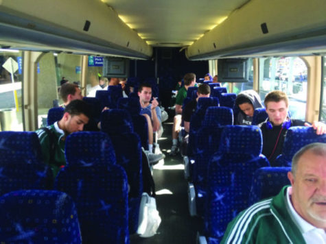 Hornet basketball players prepare for a bus ride to Ogden, Utah.