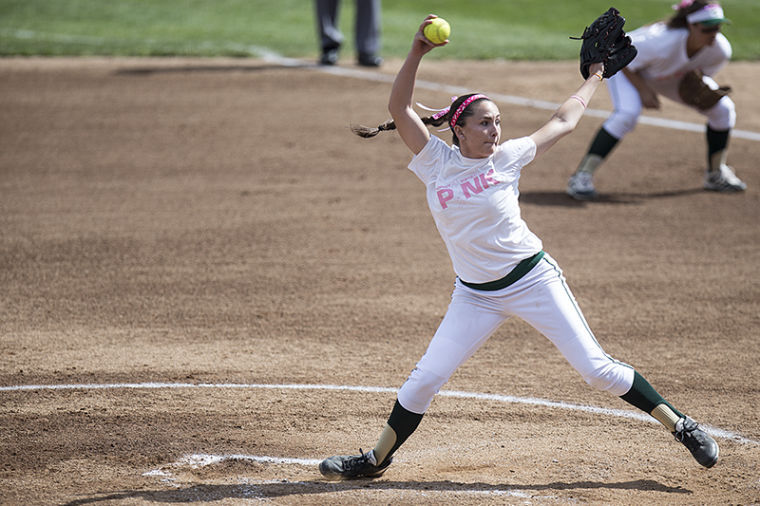 Jennifer Hartman winds up for a pitch during Breast Cancer Awareness Day at Sac State.