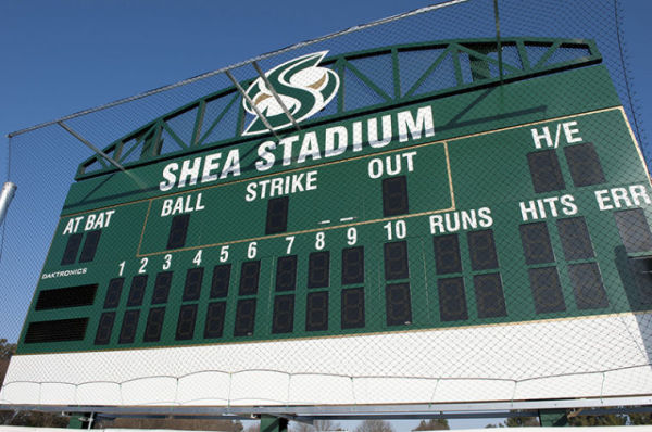 The new scoreboard is up in Shea Stadium just in time for softball season.
