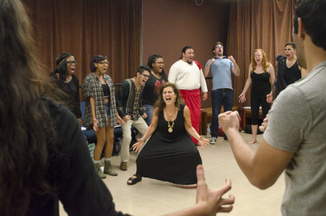 Professor Andonia Cakouros leading her students in an exercise to help bring out their true emotions when performing and taking on the persona of a character.