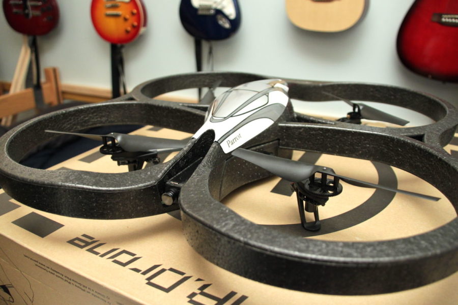 This AR. Drone has two cameras, sensors, and a small embedded Linux system on board. This particular model cost around $300, but other models can be purchased for as cheap as $100.