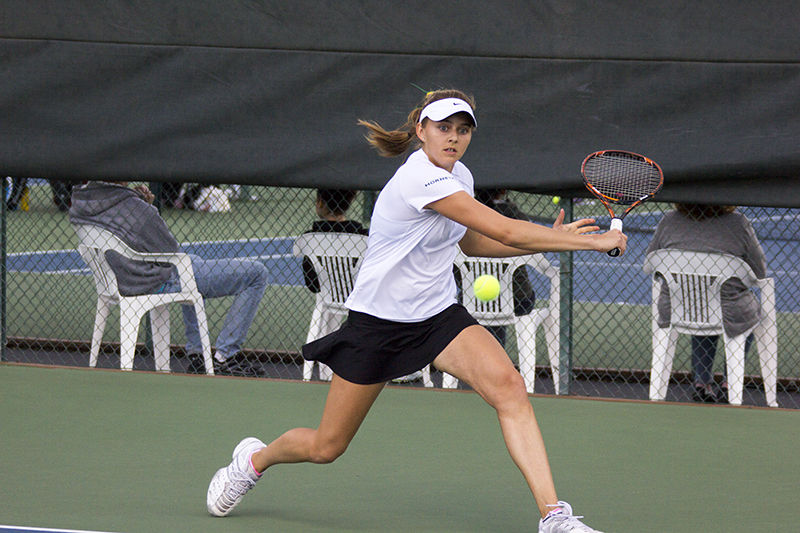 Sacramento States Anna-Maria Nau chases after the ball during her singles match in position No. 2 against Ebba Unden of Long Beach State on Friday, Feb. 27, 2015 at Rio Del Oro Racquet Club. Nau won her singles match 6-3, 4-6, 6-4 and clinched the 4-3 victory for the Hornets, breaking No. 46 Long Beach States undefeated season.