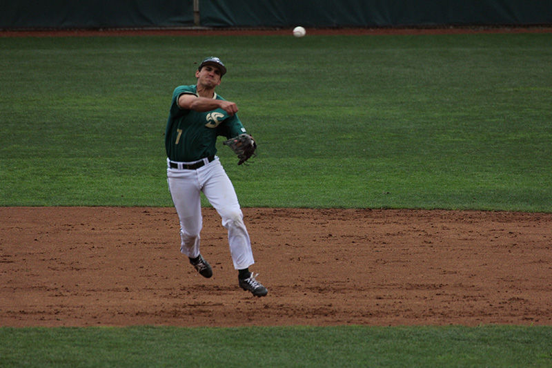 Three-year starting shortstop Scotty Burcham throws the ball to first on the run to get the runner out at first base during Sacramento State’s intrasquad scrimmage at John Smith Field on Saturday, Feb. 7, 2015. Burcham is entering his senior year for the Hornets.