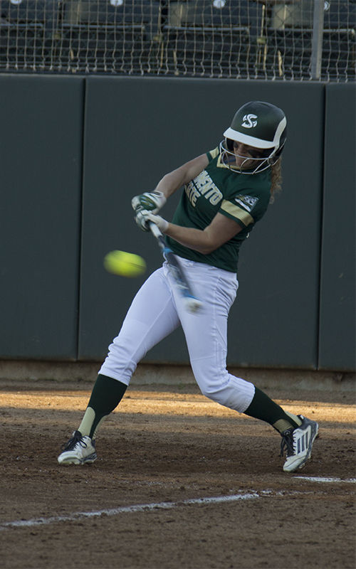 Senior Alexa Chattleton bats during a match against the University of Pacific on Tuesday, Feb. 24, 2015. The Hornets dropped the match 8-6.