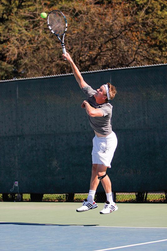 Tom Miller of Sacramento State mens tennis serves against University of Northern Colorado at California State University, Sacramento on Wednesday, March 18, 2015.