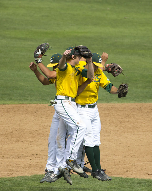 Sacramento State baseballs infielders celebrate after getting the win against the University of Texas-Pan American on Sunday, March 22, 2015 at John Smith Field. The Hornets are now 3-0 in conference play.