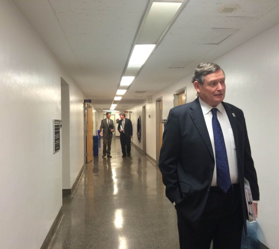 California State University Chancellor Timothy White walks down the halls of the state capitol on Advocacy Day March 2, 2015. Student representatives from all 23 CSU campuses had designated times to meet with different senators to lobby for additional CSU funding and issues pertaining to their campus.