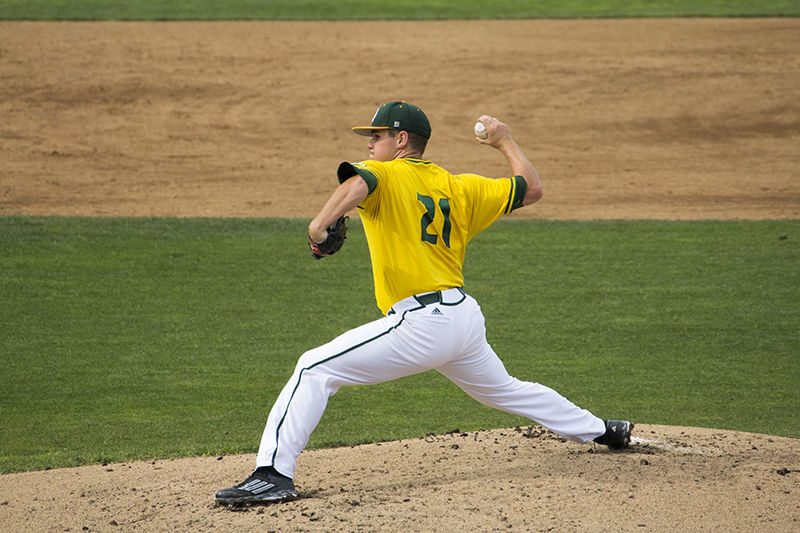 Hornets starting pitcher Brennan Leitao gets set to deliver the pitch against University of Texas-Pan American on Friday, March 20, 2015 at John Smith Field. Leitao pitched seven innings, only allowing two runs, and got the win for the Hornets.