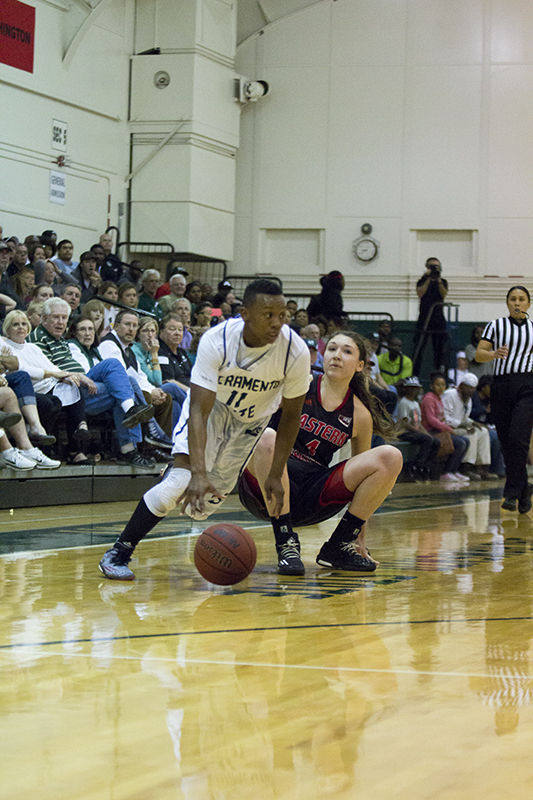 Takara Burse steals the ball from Delaney Hodgins of Eastern Washington on Monday, March 23, 2015 at the Hornets Nest. Burse had five steals in the contest.