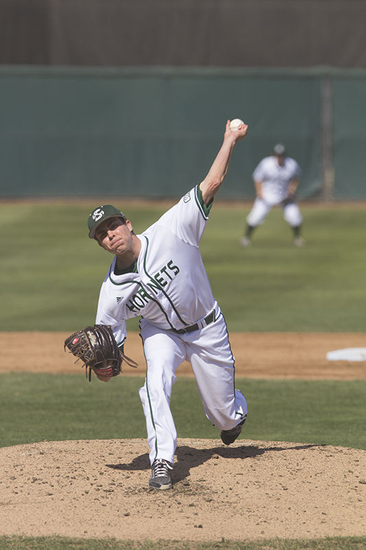 Sam Long started the second game of the series for the Sacramento State Hornets against No. 18 UC Santa Barbara on Saturday, March 7, 2015 at John Smith Field in Sacramento, Calif. Long held the Gauchos to three runs through six innings pitched to get the win for the Hornets. The final score was 5-4 and the three-game series was evened to 1-1.