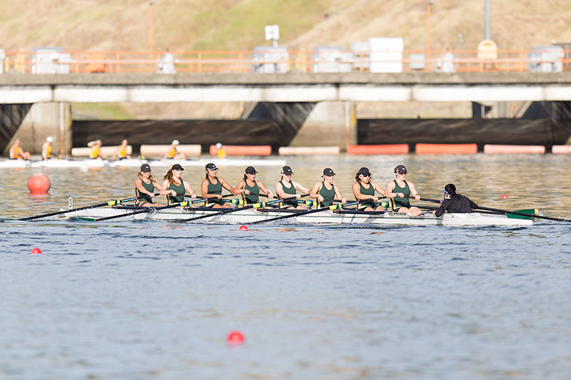 During the II Eight event in the morning, Sacramento States rowing team reaches the finish line at the Lake Natoma Invitational at the Sacramento State Aquatic Center in Gold River, Calif. on Saturday, April 11, 2015. Sacramento State finished last during this event in the morning with a time of 6:53.6 on the first day of the Invitational.