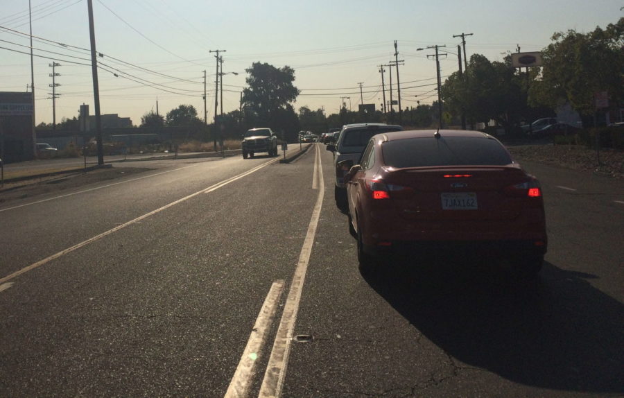 Cars on Folsom Blvd. are at a complete stop while waiting to get on campus on September 8, 2015