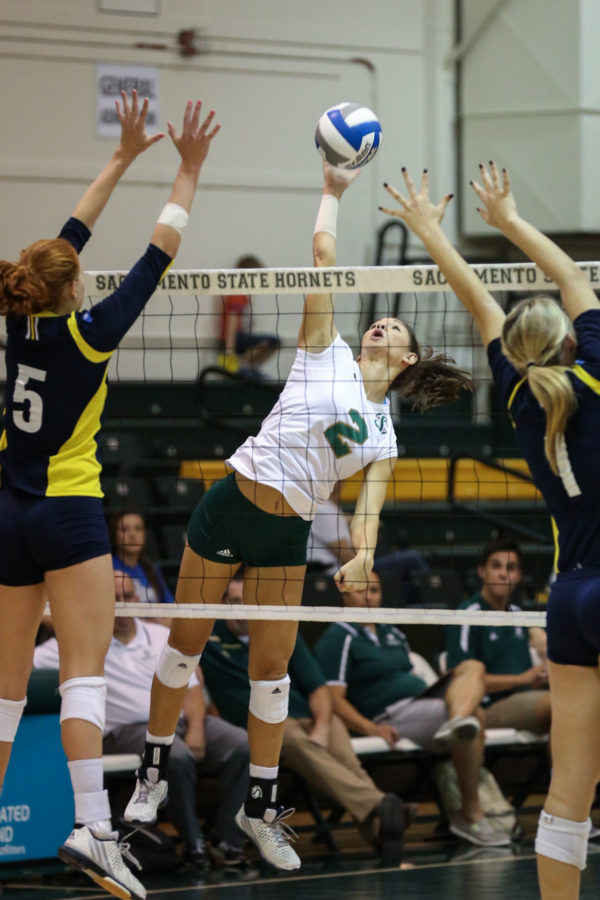 Sacramento State middle blocker Courtney Dietrich strikes the ball between two Northern Arizona University blockers on Saturday, Sept. 26, 2015 at the Nest. Dietrich lead the team in blocked shots with three in the match.