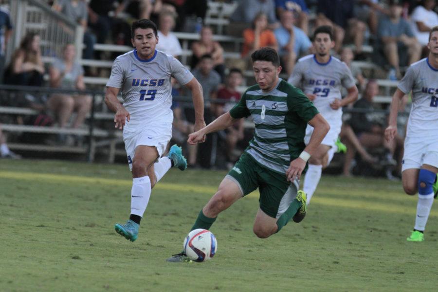 Sacramento State midfielder Ivan Ramirez takes the ball right before making a goal against UC Santa Barbra on Wednesday, Oct. 14, 2015 at Hornet Field. The Hornets defeated the Gauchos 5-2. 
