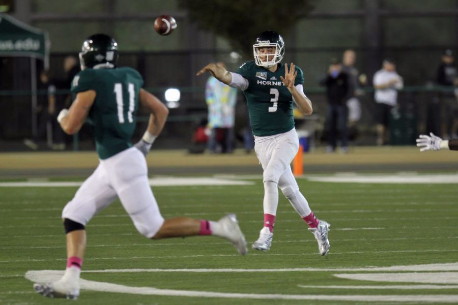 Sacramento State quarterback Kolney Cassel throws a pass to tight end Stone Sander on Saturday, Oct. 3rd, 2015 at Hornet Stadium. Cassel went 22-of-44 for 294 passing yards and two touchdowns. 