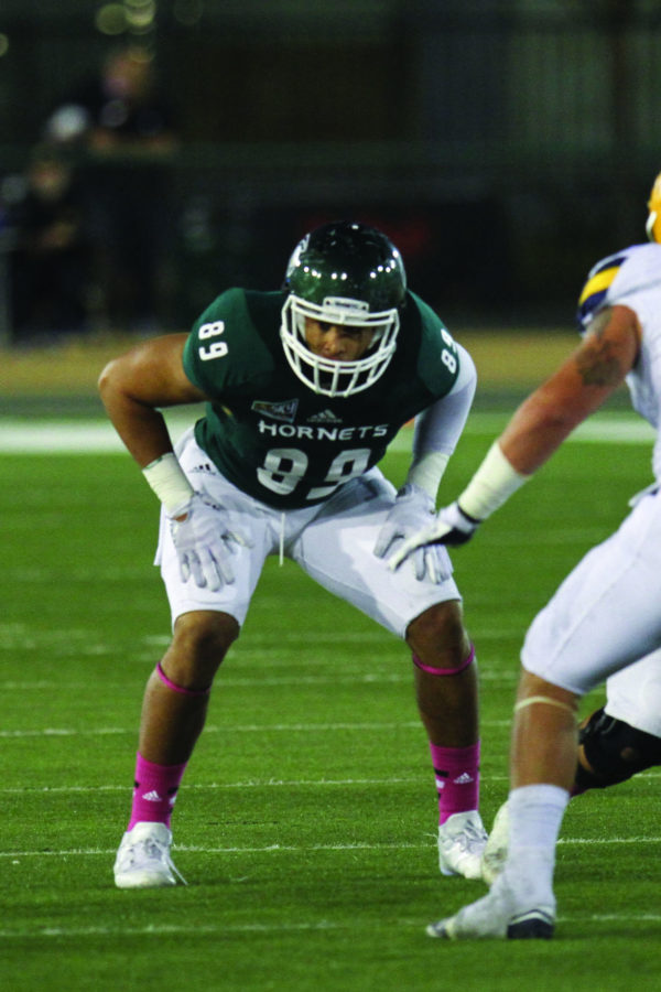 Tight end John Cortez lines up to block for a punt at Hornet Field, Saturday, Oct. 3, 2015.