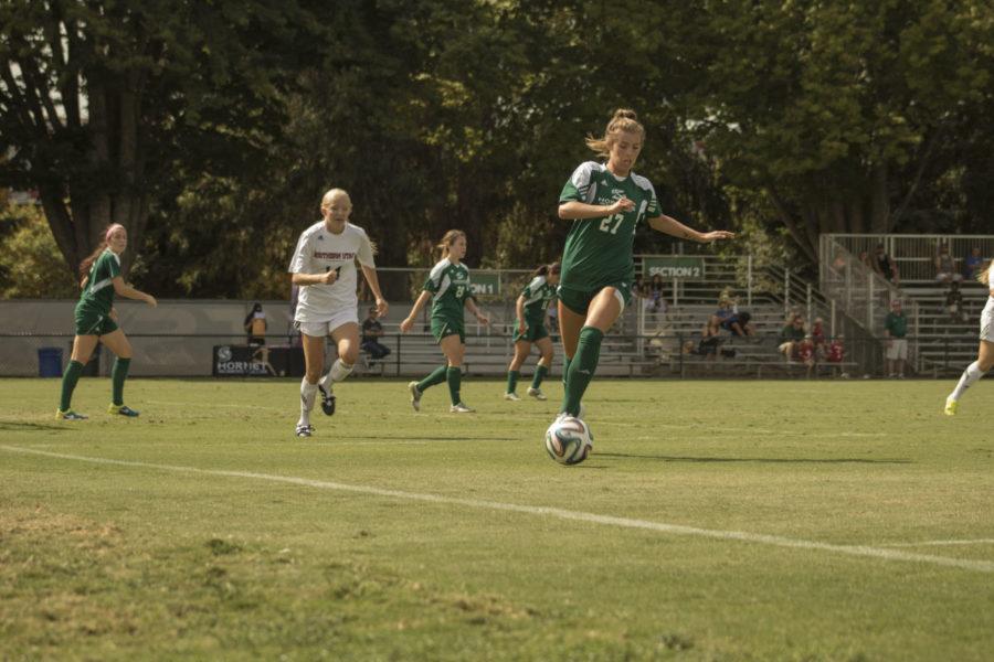Sacramento State defender Hadyn Gabbert dribbles the ball away from the Southern Utah University offense on Sunday Sep, 27th, 2015 Hornet Field. The Hornets won the game 4-1. 