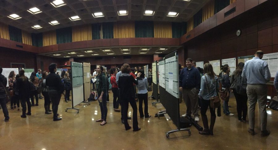 Students view research presented at the Research Conference put on by the Psychology department on Nov. 3, 2015.