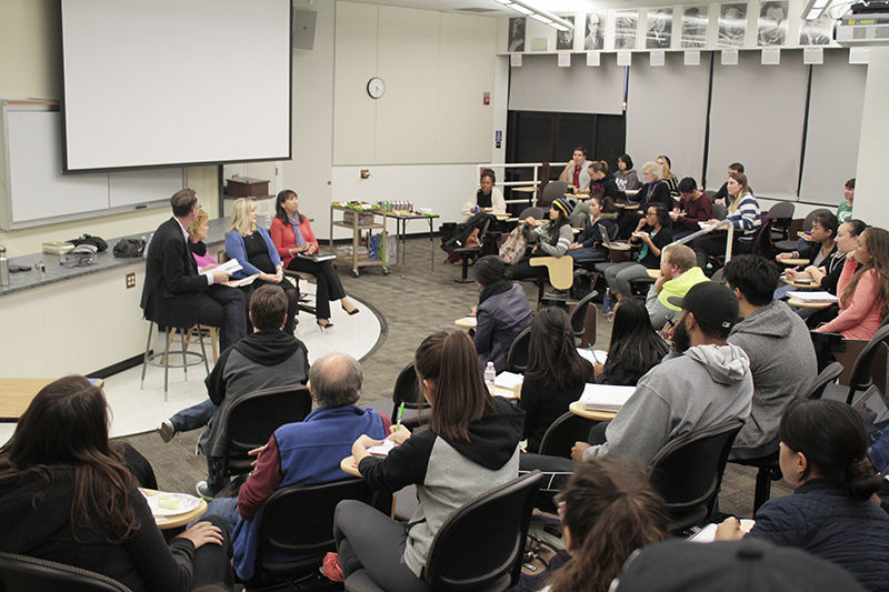 Students and faculty gathered to listen to the panel speakers and ask questions during the Anatomy of a story event on Wednesday, Nov. 4, 2015 in Mendicino Hall.