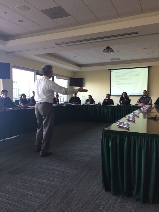 Sac State chief of police Mark Iwasa explains and discusses the new tailgating policies with the ASI board of directors on Nov. 18, 2015. 