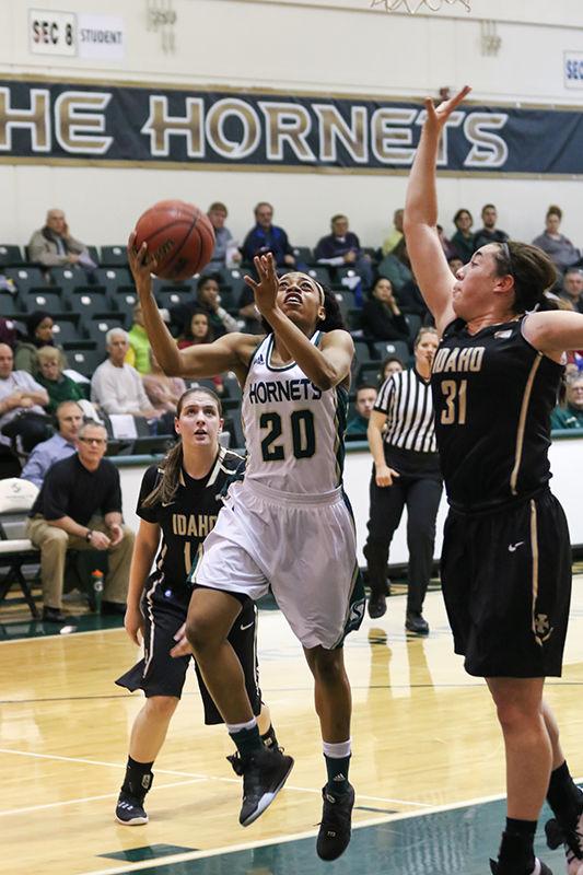 Adella Randle-El drives in for a layup at the Hornets Nest, Jan. 28, 2016. The Hornets lost to Idaho, 98-99.