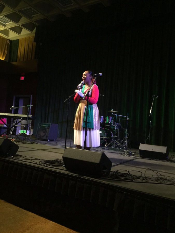 Demesha Jackson singing Sign of Praise at the Nooner concert in the University Union on Wednesday, Feb. 24. 