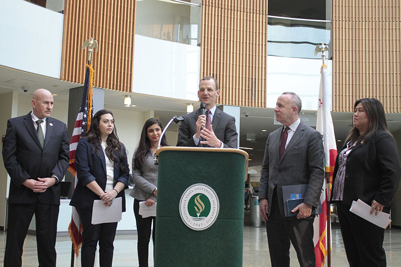 (From left to right) President Robert Nelsen; ASI President Melissa Bardo; Sam Alavi, director of Student Advocacy and Student Representation at UC Davis; Assemblymember Kevin McCarty; former Senator Darrell Steinberg; and Belinda Lum, assistant professor of sociology at Sacramento City College, get together to announce a new bill to increase funding for mental health services in The WELL at Sacramento State, Thursday, Feb. 25.