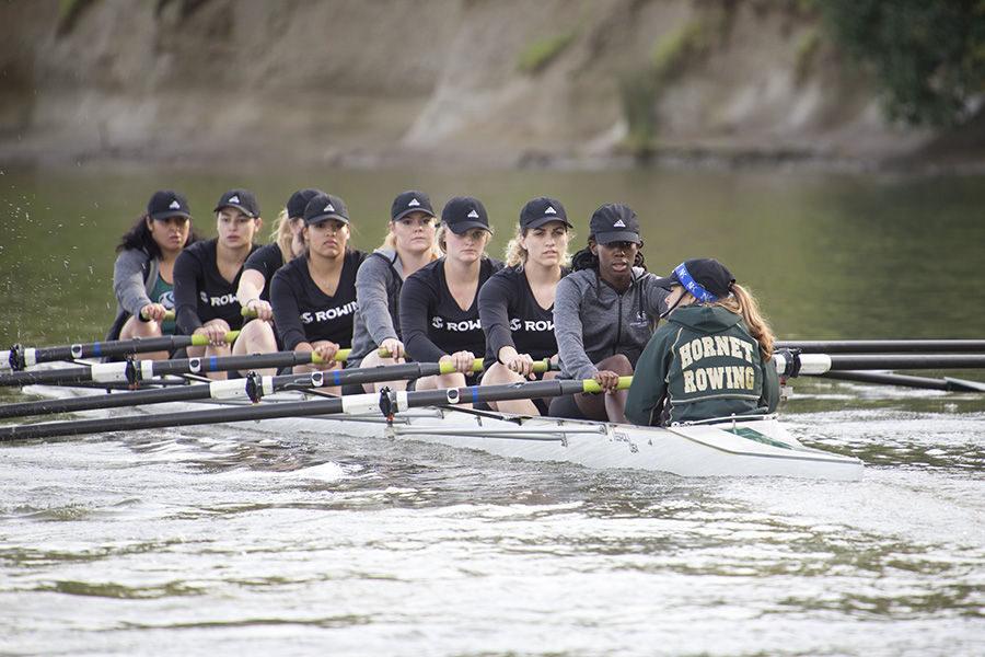 (from left to right) Valeria Torres, Raelyn Troche, Anna Listmann, Amber Anderson-Wells, Alexis Hewitt, Kennedi Sullivan, Melinda Anthony, Dimari Aldridge and Anica Hernandez of the novice eight/third varsity eight B team. Their team finished third in the novice eight/third varsity eight B category of the Sacramento State Rowing Invitational on Saturday, March 12 at Lake Natoma.