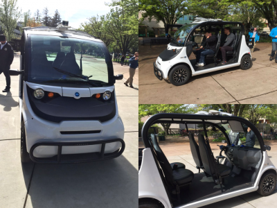 Driverless shuttle being displayed at Sac State