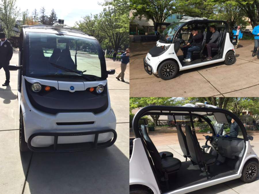 Bay Area-based Varden Labs brought the all-electric, self-driving shuttle for a two-day demo at Sacramento State in March 2016. The shuttle can seat up to four passengers — including a backup driver — and uses motion sensors to detect surrounding traffic on campus.