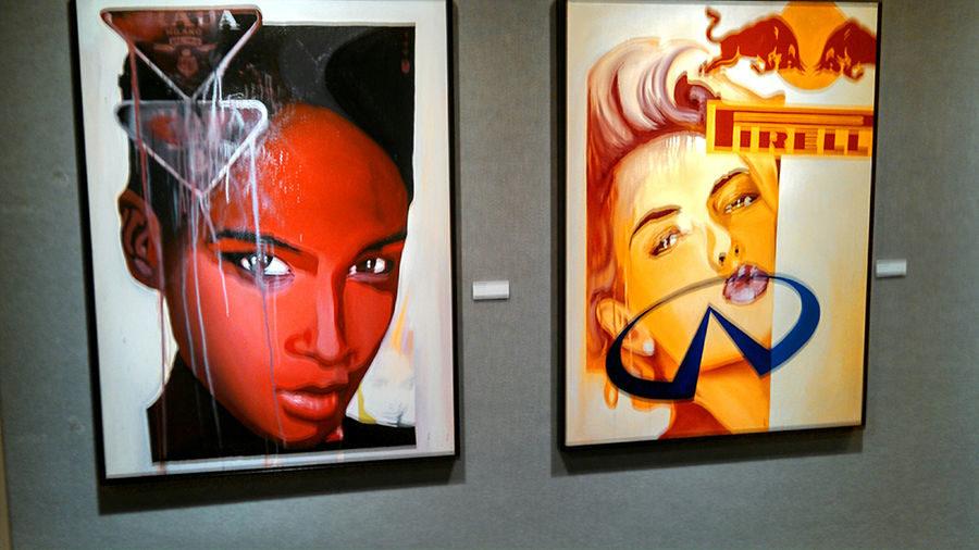 Oil on canvas paintings Pop Diamond (left) and Infinity Beyond (right) by Aaron Lee Harris are displayed at the 2016 Student Purchase Awards exhibit in the University Union Art Gallery, March 28.