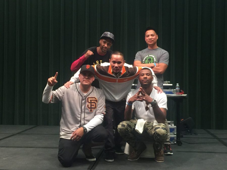 Members of the local hip-hop group Live Manikins after their concert at the Nooner in the University Union Redwood Room on Wednesday, March 30.