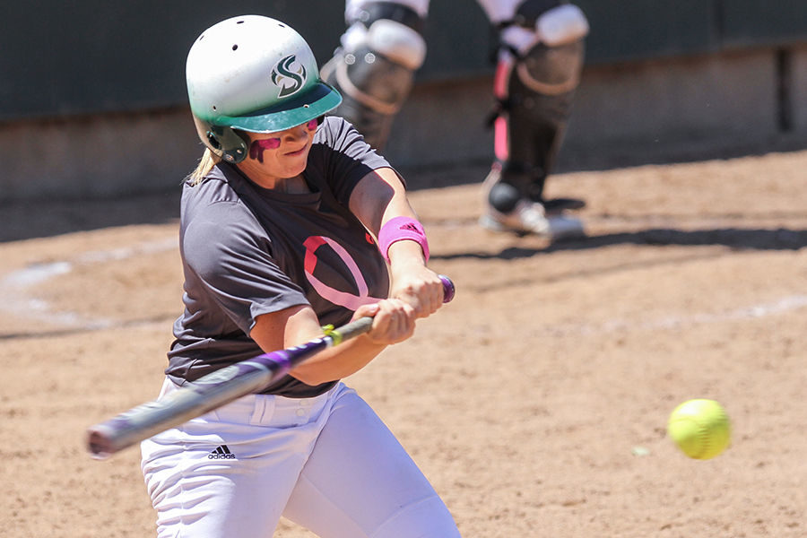 Third baseman Kailey Olcott makes contact with a pitch delivered from a Southern Utah pitcher at Shea Stadium, Saturday, April 16. Olcott had one hit in a 4-0 victory. 