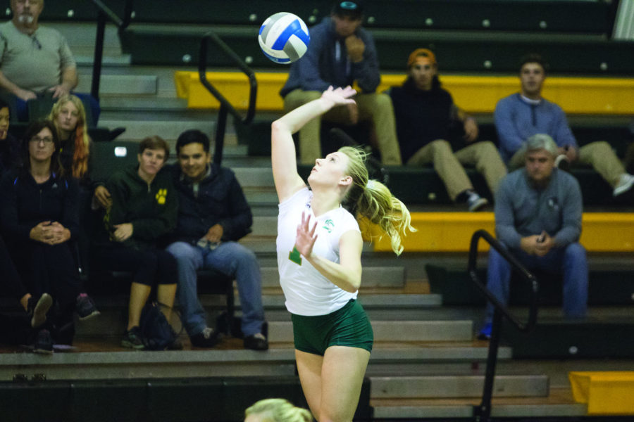 Kennedy Kurtz gets set to serve the ball against Idaho State on Friday, Nov. 6, 2015 at the Hornets Nest. 