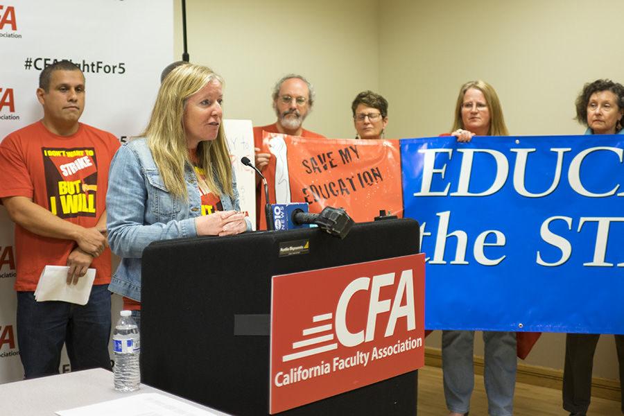 Jennifer Eagan, CFA president and CSU East Bay professor speaking at a press conference in the University Union, Monday, March 28.
