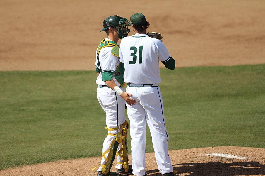 Gunner Pollman and Ryan Smith talk about a game plan against New Mexico at John Smith Field, Tuesday, Mar. 29.