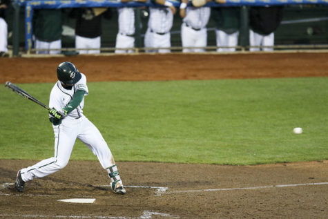 Chris Lewis swings at the ball against Fresno State at Raley Field, Wednesday, April 27. Lewis went two for six at the plate and scored two runs.
