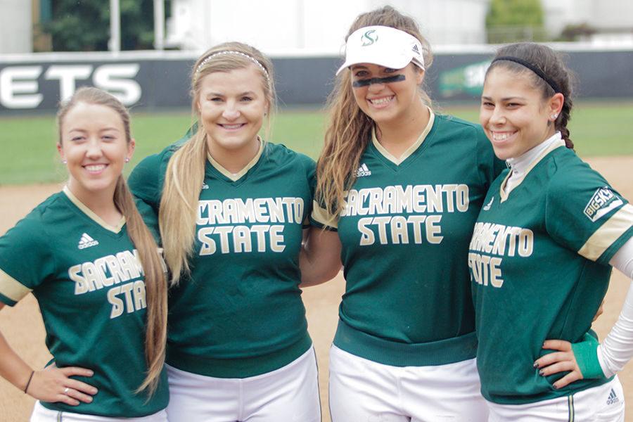 (Left to Right) Seniors Kayla Papez, Kaitlyn Yerby, Sasha Margulies and Kortney Solis pose for a picture during senior day against Portland state at Shea Stadium, Saturday, May 7.