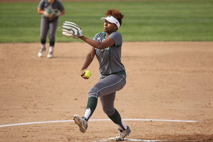 Sacramento State pitcher Celina Matthias pitches the ball against Santa Clara University at Shea Stadium on Tuesday, Apr. 12, 2016. Matthias struck out eight batters through five innings of work.