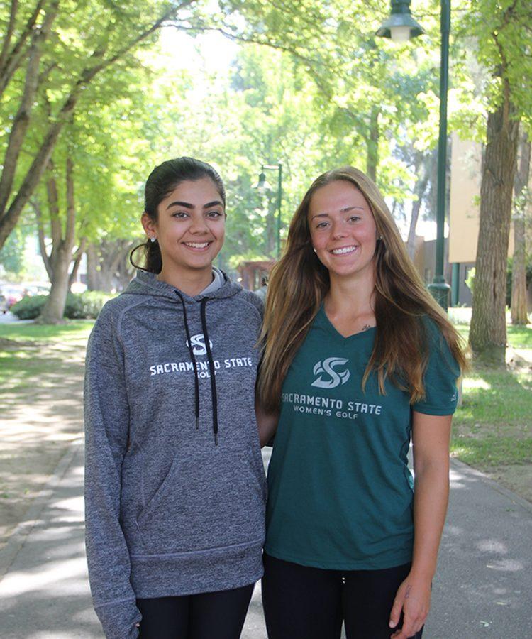 Freshmen+golfers%2C+Nishtha+Madan%2C+left%2C+and+Sofie+Babic%2C+right%2C+helped+Sacramento+State+to+fourth+place+at+the+Cougar+Cup+on+Sept.+20.+%28Photo+by+Francisco+Medina%29