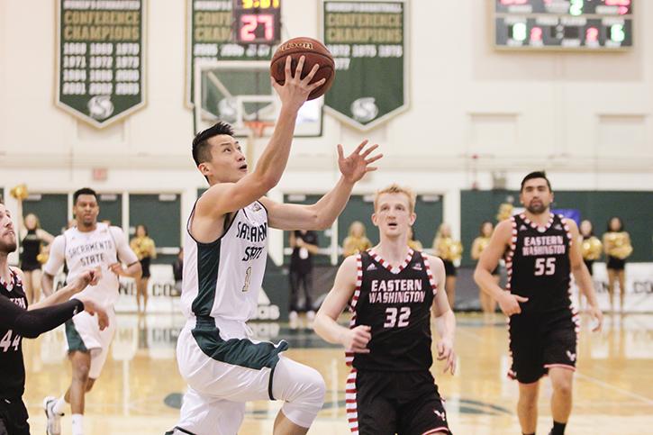 Sacramento States Jeff Wu attempts a layup against Eastern Washington University on Thursday, Feb. 18, 2015 at the Hornets Nest. (Photo by Matthew Dyer)