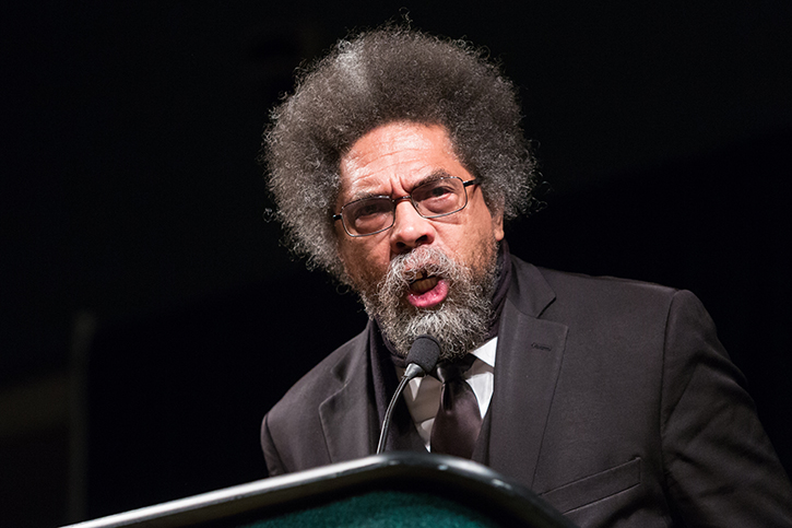 Cornel West speaks to the crowd assembled in the University Union Ballroom at Sacramento State on Thursday, Sept. 29. Wests appearance drew a crowd of around 3,000 in total, only about 1,600 of which could fit into the University Union Ballroom. (Photo by Francisco Medina)