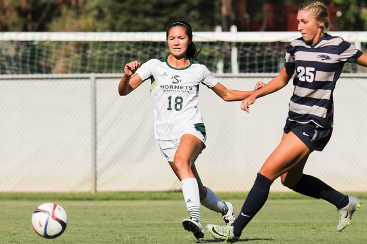 Junior forward Kylee Smith evades a Nevada defender, Sep. 9, 2016 at Hornet Field. (Photo by Matthew Dyer)