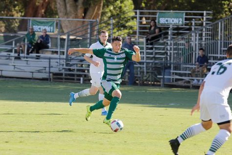Senior midfielder Ivan Ramirez dribbles the ball up the pitch against Utah Valley at Hornet Field on Thursday, Sept. 22, 2016. Ramirez had two goals for the Hornets in a 3-2 victory. (Photo by Matthew Dyer)